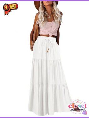 Women's Boho Maxi Skirt A-Line Flowy Ruffle Tiered High Waist Beach Long Skirt